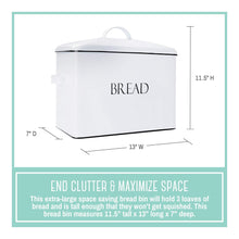 Load image into Gallery viewer, Organize with outshine vintage metal bread bin countertop space saving extra large high capacity bread storage box for your kitchen holds 2 loaves 13 x 10 x 7 white with bread lettering