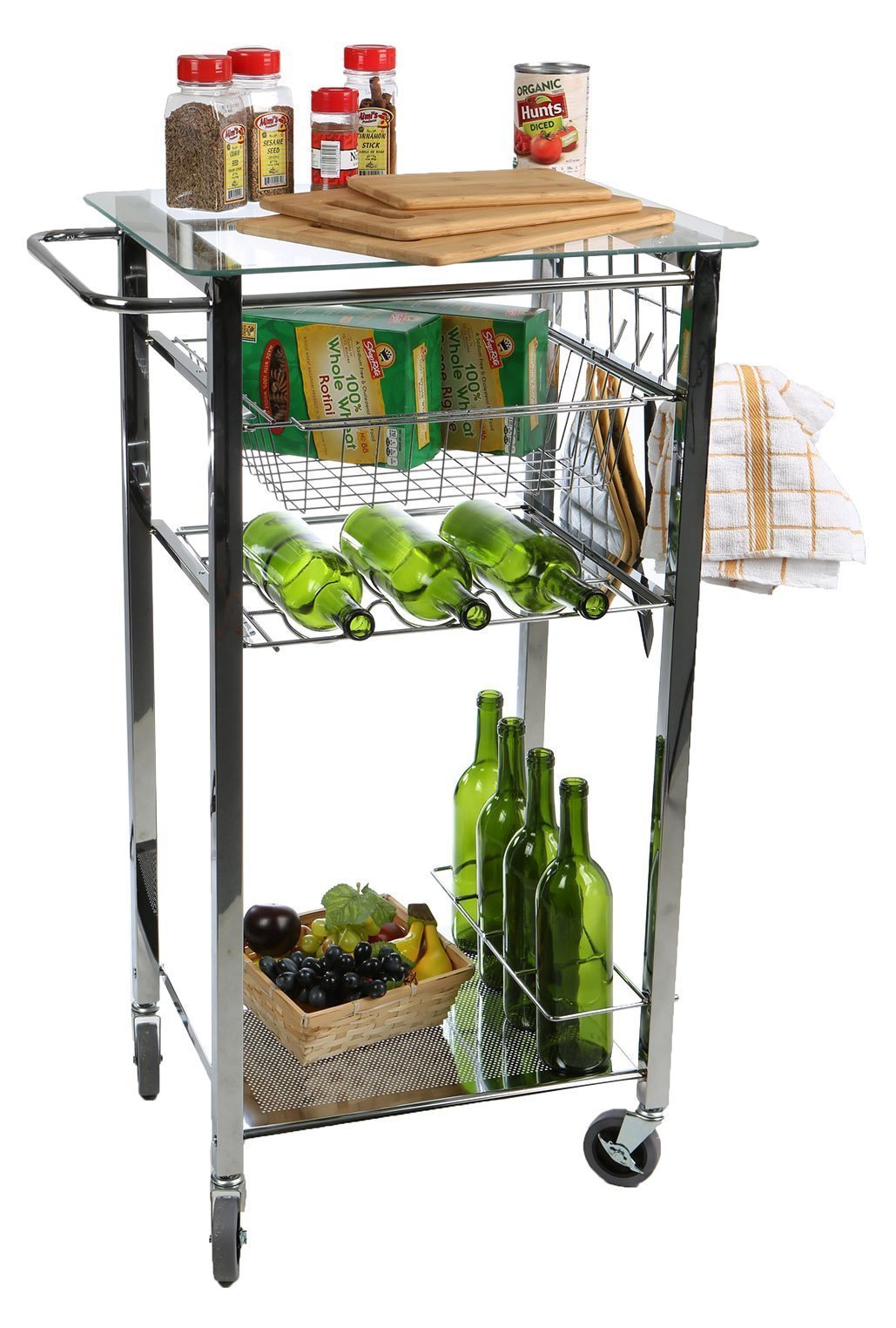On amazon mind reader glass top mobile kitchen cart with wine bottle holder wine rack towel holder perfect kitchen island for cooking utensils kitchen appliances and food storage silver