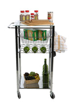 Load image into Gallery viewer, Organize with mind reader glass top mobile kitchen cart with wine bottle holder wine rack towel holder perfect kitchen island for cooking utensils kitchen appliances and food storage silver