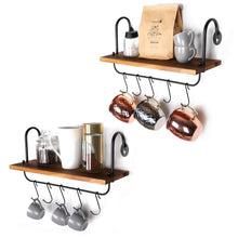 Load image into Gallery viewer, Top rated o kis wall floating shelves for kitchen bathroom coffee nook with 10 adjustable hooks for mugs cooking utensils or towel rustic storage shelves set of 2