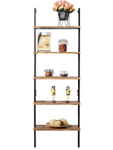 Load image into Gallery viewer, Save ironck industrial ladder shelf bookcase 5 tier wood shelves wall mounted stable expand space bookshelf retro wall decor furniture for living room kitchen bar storage