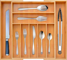 Load image into Gallery viewer, Buy now bamboo kitchen drawer organizer expandable silverware organizer utensil holder and cutlery tray with grooved drawer dividers for flatware and kitchen utensils by royal craft wood