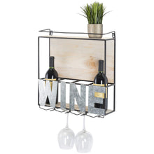 Load image into Gallery viewer, Discover the best wall mounted wine rack wine bottle holder wine glass holder holds 4 bottle of wine and 4 glasses includes decorative wood accents and top shelf perfect home kitchen decor