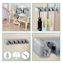Load image into Gallery viewer, Budget shsycer mop and broom holder wall mounted garden storage rack 5 position with 6 hooks garage holds up to 11 tools for garage garden kitchen laundry offices