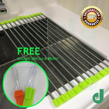 Load image into Gallery viewer, Online shopping dw roll up drying rack stainless steel foldable over sink rack green silver kitchen safe neat clean flexible space saving free silicone spatula and brush set
