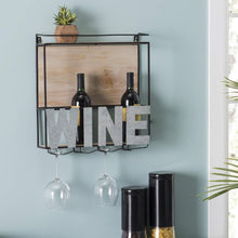 Load image into Gallery viewer, Exclusive wall mounted wine rack wine bottle holder wine glass holder holds 4 bottle of wine and 4 glasses includes decorative wood accents and top shelf perfect home kitchen decor