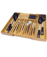Load image into Gallery viewer, Try expandable bamboo kitchen drawer organizer w built in solid bamboo knife block 100 eco friendly adjustable bamboo kitchen utensil cutlery tray