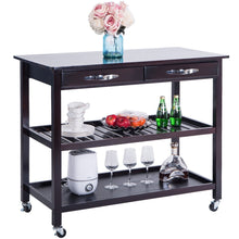 Load image into Gallery viewer, Order now lz leisure zone rolling kitchen island serving cart wood trolley w countertop 2 drawers 2 shelves and lockable wheels dark brown