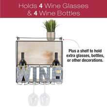 Load image into Gallery viewer, Get wall mounted wine rack wine bottle holder wine glass holder holds 4 bottle of wine and 4 glasses includes decorative wood accents and top shelf perfect home kitchen decor