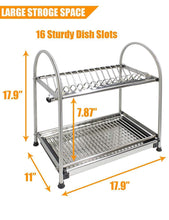 Load image into Gallery viewer, Exclusive kitchen hardware collection 2 tier dish drying rack stainless steel stand on countertop draining rack 17 9 inch length 16 dish slots organizer with drainboard for cup plate bowl