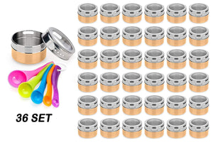 Discover the stainless steel magnetic spice jars bonus measuring spoon set airtight kitchen storage containers stack on fridge to save counter cupboard space 36pc organizers in gold