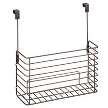 Load image into Gallery viewer, Budget friendly mdesign metal over cabinet kitchen storage organizer holder or basket hang over cabinet doors in kitchen pantry holds bakeware cookbook cleaning supplies 2 pack steel wire in bronze
