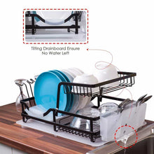 Load image into Gallery viewer, Results 2 tier dish rack dish drying rack with utensil holder and drain board wine glass holder easy storage rustproof kitchen counter dish drainer rack organizer iron