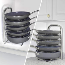 Load image into Gallery viewer, Discover the heavy duty cast iron pan and pot organizer rack 5 height adjustable shelves kitchen skillets cookware holder stainless steel 15 tall