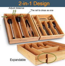 Load image into Gallery viewer, Save voxxov silverware organizer bamboo cutlery and flatware drawer organizer tray kitchen expandable utensils drawer organizer with drawer dividers 2 in 1 design ideal for organizing other accessories
