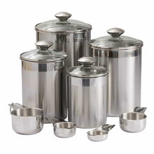 Load image into Gallery viewer, Amazon beautiful canisters sets for the kitchen counter 8 piece stainless steel medium sized with glass lids and measuring cups silveronyx tea coffee sugar flour canisters 8pc glass lids