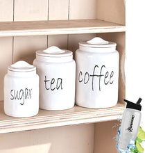 Load image into Gallery viewer, Related gift included white farmhouse kitchen countertop sugar tea coffee canister set free bonus water bottle by home cricket homecricket