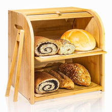 Load image into Gallery viewer, Exclusive bamboo bread box finew 2 layer rolltop bread bin for kitchen large capacity wooden bread storage holder countertop bread keeper with toaster tong 15 x 9 8 x 14 5 self assembly