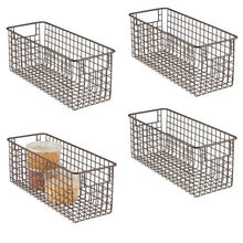 Load image into Gallery viewer, Budget mdesign farmhouse decor metal wire food storage organizer bin basket with handles for kitchen cabinets pantry bathroom laundry room closets garage 16 x 6 x 6 4 pack bronze