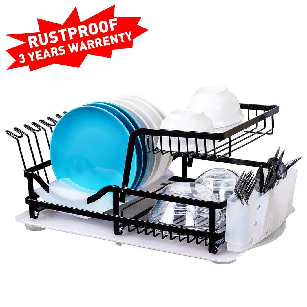 Organize with 2 tier dish rack dish drying rack with utensil holder and drain board wine glass holder easy storage rustproof kitchen counter dish drainer rack organizer iron