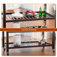 Load image into Gallery viewer, On amazon lz leisure zone rolling kitchen island serving cart wood trolley w countertop 2 drawers 2 shelves and lockable wheels dark brown