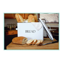 Load image into Gallery viewer, On amazon outshine vintage metal bread bin countertop space saving extra large high capacity bread storage box for your kitchen holds 2 loaves 13 x 10 x 7 white with bread lettering