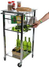 Load image into Gallery viewer, Products mind reader glass top mobile kitchen cart with wine bottle holder wine rack towel holder perfect kitchen island for cooking utensils kitchen appliances and food storage silver