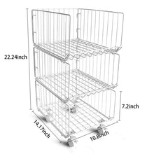 Load image into Gallery viewer, Exclusive pup joint metal wire baskets 3 tiers foldable stackable rolling baskets utility shelf unit storage organizer bin with wheels for kitchen pantry closets bedrooms bathrooms