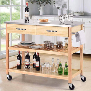 Save on giantex kitchen trolley cart rolling island cart serving cart large storage with stainless steel countertop lockable wheels 2 drawers and shelf utility cart for home and restaurant solid pine wood