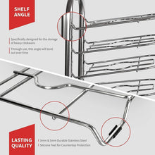 Load image into Gallery viewer, Buy now heavy duty cast iron pan and pot organizer rack 5 height adjustable shelves kitchen skillets cookware holder stainless steel 15 tall