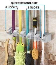 Load image into Gallery viewer, Explore free walker magic wall mount mop holder with 5 positons and 6 hooks broom holder hanger brush cleaning tools for home kitchen prefect for storage and organization 5 postions