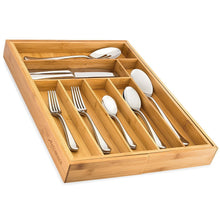 Load image into Gallery viewer, New bamboo expandable drawer organizer premium cutlery and utensil tray 100 pure bamboo adjustable kitchen drawer divider 7 compartments expandable