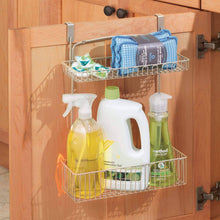 Load image into Gallery viewer, Organize with mdesign metal farmhouse over cabinet kitchen storage organizer holder or basket hang over cabinet doors in kitchen pantry holds dish soap window cleaner sponges satin
