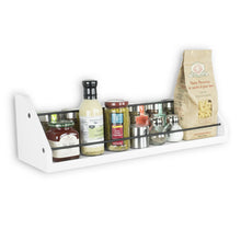 Load image into Gallery viewer, Storage organizer kitchen white wall shelf with black metal section railing great for spice dressing jar display organizer storage rack each shelf is 24 inch