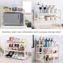 Load image into Gallery viewer, Shop expandable under sink rack 2 tier adjustable multifunctional countertop storage microwave rack shelving unit multipurpose tidy organizer storage shelf for kitchen bathroom and garden