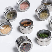 Load image into Gallery viewer, Shop here nellam stainless steel magnetic spice jars bonus measuring spoon set airtight kitchen storage containers stack on fridge to save counter cupboard space 24pc organizers