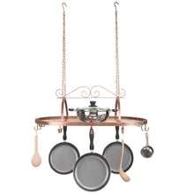 Load image into Gallery viewer, Explore bronze tone scrollwork metal ceiling mounted hanging rack for kitchen utensils pots pans holder