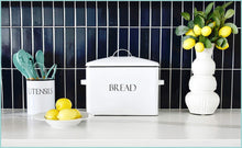 Load image into Gallery viewer, Products outshine vintage metal bread bin countertop space saving extra large high capacity bread storage box for your kitchen holds 2 loaves 13 x 10 x 7 white with bread lettering