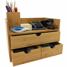Load image into Gallery viewer, New sherwood co 3 tier bamboo desk organizer with drawers perfect for desk office supplies vanity kitchen and home or office tabletop with bonus pen pencil holder