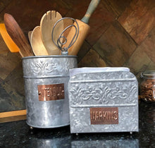 Load image into Gallery viewer, Shop for autumn alley farmhouse galvanized large kitchen utensil holder pretty embossing and copper label add farmhouse warmth and charm