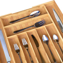 Load image into Gallery viewer, Exclusive bamboo kitchen drawer organizer expandable silverware organizer utensil holder and cutlery tray with grooved drawer dividers for flatware and kitchen utensils by royal craft wood