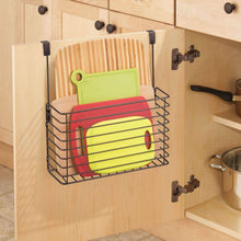 Load image into Gallery viewer, Cheap mdesign metal over cabinet kitchen storage organizer holder or basket hang over cabinet doors in kitchen pantry holds bakeware cookbook cleaning supplies 2 pack steel wire in bronze