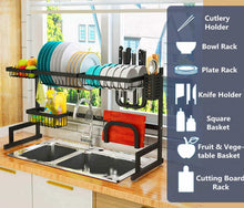 Load image into Gallery viewer, Online shopping over the sink dish drying rack 2 tier large 18 8 stainless steel drainer display shelf kitchen supplies storage accessories countertop space saver stand tableware organizer with utensil holder