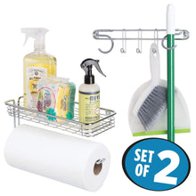 Load image into Gallery viewer, Shop here mdesign wall mount metal storage organizers for kitchen includes paper towel holder with multi purpose shelf and broom mop holder with 3 hooks for pantry laundry garage 2 piece set chrome