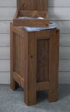 Load image into Gallery viewer, Get wood wooden trash bin kitchen garbage can 13 gallon recycle bin dog food storage early american stain rustic pine metal handle handmade in usa by buffalowoodshop