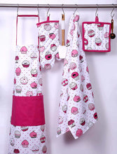 Load image into Gallery viewer, Related casa decors set of apron oven mitt pot holder pair of kitchen towels in a valentine cup cakes design made of 100 cotton eco friendly safe value pack and ideal gift set kitchen linen set