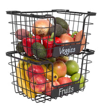 Load image into Gallery viewer, Top rated birdrock home stacking wire market baskets with chalk label set of 2 fruit vegetable produce metal storage bin for kitchen counter black