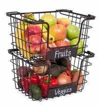 Load image into Gallery viewer, Amazon best birdrock home stacking wire market baskets with chalk label set of 2 fruit vegetable produce metal storage bin for kitchen counter black
