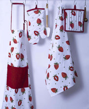 Load image into Gallery viewer, Purchase casa decors set of apron oven mitt pot holder pair of kitchen towels in a unique berry blast design made of 100 cotton eco friendly safe value pack and ideal gift set kitchen linen set