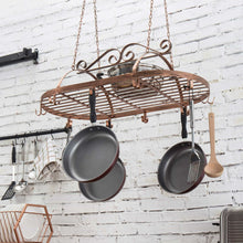 Load image into Gallery viewer, Exclusive bronze tone scrollwork metal ceiling mounted hanging rack for kitchen utensils pots pans holder